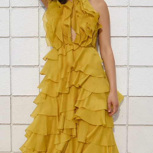 Slimming Spliced Ruffles Folds Temperament Dresses for Women O Neck Sleeveless Patchwork Bead Long Dress Female New